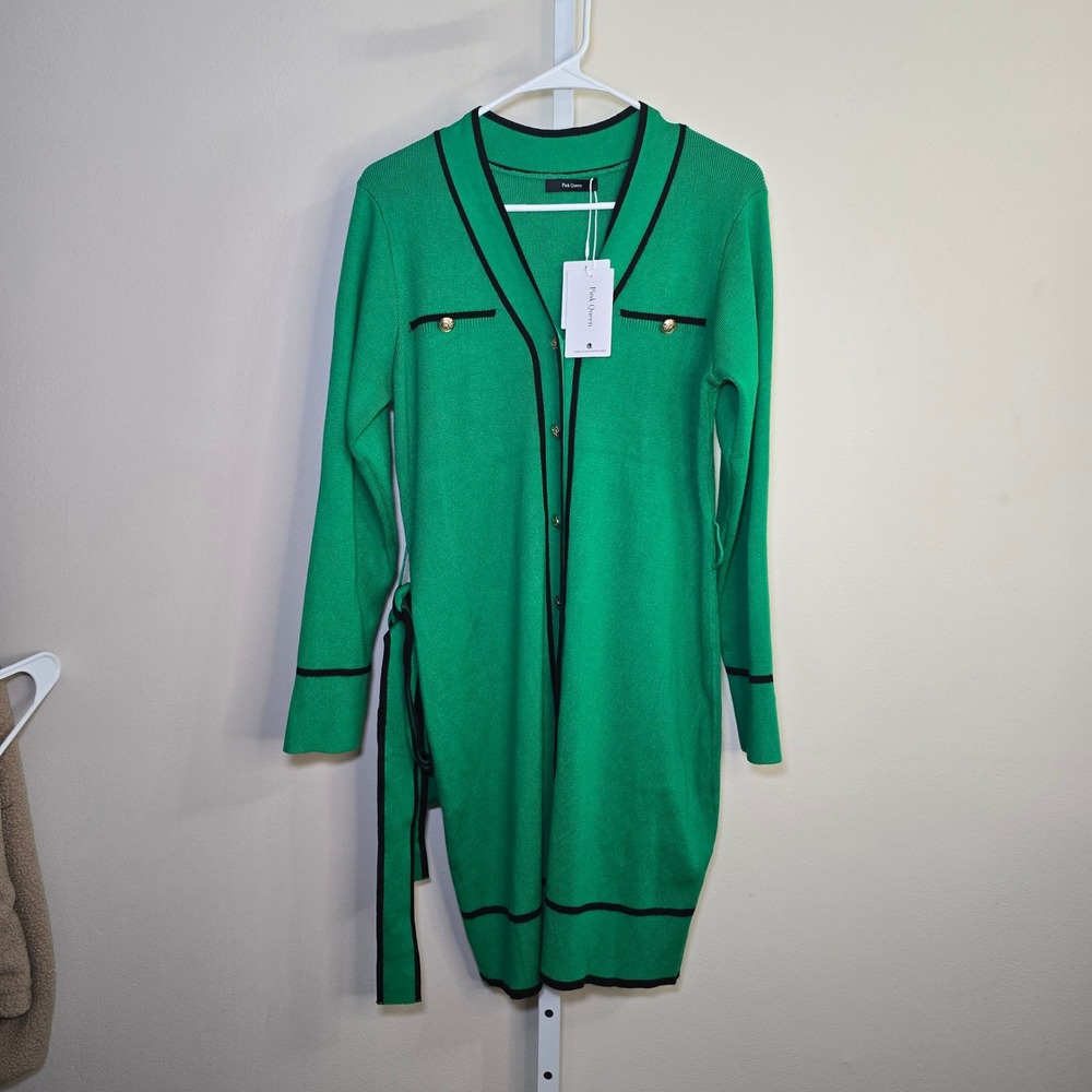 Pink Queen Green Knit Cardigan Dress Long Sleeve V-Neck Button Front Belted L